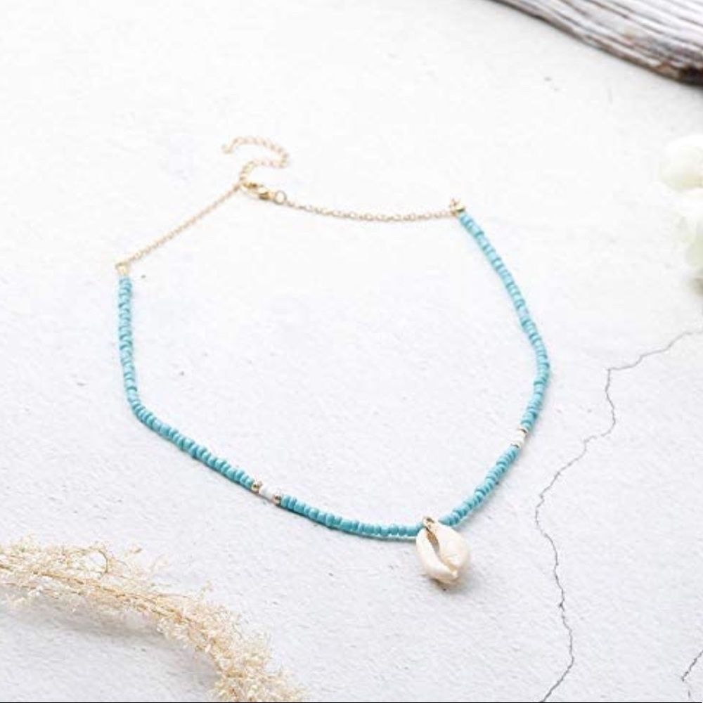 Boho Cowrie Shell Drop Necklace Turquoise Beads - Picture 3 of 5